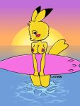  2019 anthro biped blush breasts female fur hair hi_res looking_at_viewer loshon mammal nintendo nipples nude outside pikachu pok&eacute;mon pok&eacute;mon_(species) seaside sky smile solo surfboard video_games water yellow_fur 