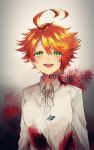  1girl :d ahoge blood blood_splatter bloody_clothes braid collared_shirt dress_shirt emma_(yakusoku_no_neverland) green_eyes grey_background hair_between_eyes highres kitimoop long_sleeves looking_at_viewer neck_ribbon open_mouth orange_hair ribbon shiny shiny_hair shirt short_hair single_braid smile solo white_ribbon white_shirt wing_collar yakusoku_no_neverland 