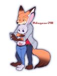  2019 3_toes 4_fingers anthro belt canid canine cellphone clothing dipstick_ears dipstick_tail disney dogear218 duo female fingers fox gloves_(marking) green_eyes judy_hopps lagomorph leporid male mammal markings multicolored_ears multicolored_tail nick_wilde phone purple_eyes rabbit toes zootopia 