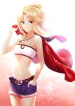  1girl bare_shoulders belt blonde_hair boa_sorte braid breasts brown_belt commentary_request fate/grand_order fate_(series) fur_trim green_eyes hair_ornament hair_scrunchie highres holding holding_jacket jacket jacket_removed jewelry long_hair looking_at_viewer medium_breasts mordred_(fate) mordred_(fate)_(all) navel necklace ponytail red_jacket red_scrunchie scrunchie short_shorts shorts smile solo 