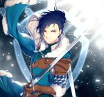  1boy black_hair cape felix_hugo_fraldarius fire_emblem fire_emblem:_three_houses fur_trim gloves male_focus ponytail solo sparkle sword tida_2112 weapon yellow_eyes 