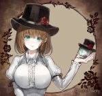  1girl artist_request black_headwear black_ribbon braid breasts brown_hair charlotte_corday_(fate/grand_order) closed_mouth commentary_request dress eyebrows_visible_through_hair fate/grand_order fate_(series) flower flower_hat green_eyes hair_between_eyes hair_ornament hair_ribbon hat holding holding_skull juliet_sleeves large_breasts long_sleeves looking_at_viewer puffy_sleeves red_flower red_rose ribbon rose short_hair single_braid skull smile solo top_hat twitter_username white_dress 