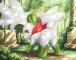  ambiguous_gender detailed_background forest hi_res legendary_pok&eacute;mon nikkihanabira nintendo outside pok&eacute;mon pok&eacute;mon_(species) presenting shaymin shaymin_(sky_form) tree video_games 