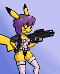  2019 anthro biped blush breasts clothing cosplay female fur ghost_in_the_shell gun hair hi_res looking_at_viewer loshon major_motoko_kusanagi mammal nintendo pikachu pok&eacute;mon pok&eacute;mon_(species) ranged_weapon red_eyes simple_background smile solo video_games weapon yellow_fur 