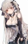  1girl azur_lane bangs bare_shoulders between_breasts black_dress blush breasts cleavage dress eyebrows_visible_through_hair formidable_(azur_lane) frilled_dress frills grey_hair hair_ornament hair_ribbon hand_on_thigh hand_up highres large_breasts leaning_forward long_hair long_sleeves looking_at_viewer nyucha red_eyes ribbon simple_background solo twintails white_background 
