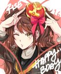  1girl ;) bangs black_jacket brown_eyes brown_hair crown earrings happy_birthday index_finger_raised jacket jewelry kujikawa_rise long_hair long_sleeves looking_at_viewer mini_crown neckerchief one_eye_closed parted_lips persona persona_4 shiny shiny_hair smile solo summer_rin swept_bangs turtleneck twintails upper_body yellow_neckwear 
