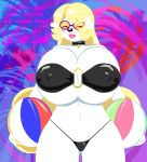  ball big_breasts bikini blush breasts canid canine canis chooy64 clothing domestic_dog eyewear female hair hi_res huge_breasts hyper hyper_breasts lipstick makeup mammal poodle sunglasses swimwear 