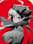 1girl ahoge breasts damaged gloves hal-bard headgear highres large_breasts limited_palette red_background red_eyes red_theme senki_zesshou_symphogear solo torn_clothes wiping_face yukine_chris 