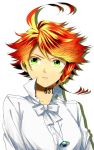  1girl ahoge collarbone dress_shirt emma_(yakusoku_no_neverland) green_eyes hair_between_eyes kitimoop looking_at_viewer orange_hair parted_lips shadow shirt short_hair simple_background solo tattoo upper_body white_background white_neckwear white_shirt yakusoku_no_neverland 