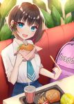  1girl backpack bag blue_eyes blue_neckwear blue_skirt brown_hair cup disposable_cup eating fast_food food french_fries hair_ornament hamburger holding holding_food indoors itoi_toi necktie open_mouth original school_uniform shirt short_hair sitting skirt smile table tray white_shirt 
