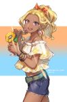  1girl :d amamiya_erena belt belt_buckle blonde_hair blue_belt blue_shorts bow bracelet buckle collarbone cowboy_shot cup dark_skin denim denim_shorts drinking_straw earrings flower from_side hair_bow high_ponytail highres holding holding_cup jewelry long_hair looking_at_viewer midriff nail_polish off-shoulder_shirt off_shoulder open_mouth orange_nails precure print_shirt purple_eyes red_bow ring shimatani_azu shirt short_shorts short_sleeves shorts sketch smile solo sparkle standing star_twinkle_precure sunflower white_background white_shirt yellow_flower 