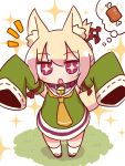  +_+ 1girl :o animal_ear_fluff animal_ears arms_up bangs blonde_hair blush boned_meat brown_collar detached_sleeves dress eyebrows_visible_through_hair food fox_ears fox_girl fox_tail green_dress green_sleeves hair_between_eyes hair_bun hair_ornament highres kemomimi-chan_(naga_u) kneehighs long_hair long_sleeves looking_at_viewer meat naga_u orange_neckwear original outstretched_arms parted_lips red_eyes red_footwear ribbon-trimmed_sleeves ribbon_trim sidelocks simple_background sleeveless sleeveless_dress sleeves_past_fingers sleeves_past_wrists solo sparkle spoken_food standing tail thought_bubble white_background white_legwear zouri 