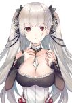  1girl azur_lane bangs bare_shoulders between_breasts black_dress black_nails blush breasts cleavage dress earrings eyebrows_visible_through_hair formidable_(azur_lane) frilled_dress frills grey_hair hair_ornament hair_ribbon hands_up highres jewelry large_breasts long_hair long_sleeves looking_at_viewer open_mouth red_eyes ribbon rigging shibaebi_(yasaip_game) simple_background solo twintails white_background 