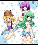  amemiya_ruki barefoot blonde_hair blue_eyes feet green_eyes green_hair kochiya_sanae letterboxed moriya_suwako multiple_girls one-piece_swimsuit purple_eyes purple_hair school_swimsuit swimsuit touhou yasaka_kanako 