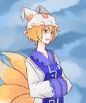  aharan bad_id bad_pixiv_id blonde_hair fox_tail hands_in_opposite_sleeves hat multiple_tails short_hair solo tail touhou yakumo_ran yellow_eyes 