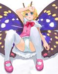  ahoge antennae blonde_hair blue_eyes blush bow bulge butterfly_wings crossdressing iwaya lying male_focus mary_janes on_back otoko_no_ko panties pink_footwear shimon shimotsuma shoes solo thighhighs underwear wings 