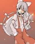  aharan bad_id bad_pixiv_id bow fire fujiwara_no_mokou grin hair_bow long_hair lowres one_eye_closed pants red_eyes smile solo suspenders touhou white_hair 