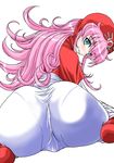  arched_back ass blue_eyes blush dragon_quest dragon_quest_ii hood huge_ass labia long_hair looking_back pantylines pink_hair princess_of_moonbrook sitting solo wariza 