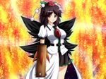  arm_cannon asymmetrical_clothes breasts brown_hair fal_(falketto) fusion hat heterochromia large_breasts looking_at_viewer red_eyes reiuji_utsuho shameimaru_aya short_hair solo tokin_hat touhou weapon wings 