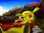  bad_id bad_pixiv_id baseball_cap black_hair blanket closed_eyes cloud dappled_sunlight day foreshortening gen_1_pokemon grass hat male_focus open_mouth pack pikachu pokemon pokemon_(creature) pokemon_(game) red_(pokemon) short_hair sky sleeping sunlight tree 