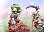  :d ^_^ arms_behind_back ascot bat_wings blonde_hair breasts capelet closed_eyes dress elly flying frown green_hair highres holding holding_scythe kazami_yuuka kurumi_(touhou) large_breasts mountain multiple_girls nature open_mouth petals plaid plaid_skirt plaid_vest red_eyes scythe short_hair skirt skirt_set smile sun suspenders touhou touhou_(pc-98) tsuki_wani vest wings 