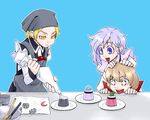  3girls :&lt; apron asymmetrical_hair baking bandana blonde_hair brown_hair drooling food icing kansuke_(bubuduke) lunasa_prismriver lyrica_prismriver merlin_prismriver multiple_girls pastry_bag pudding siblings silver_hair sisters touhou 