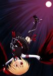  :p alternate_costume belt blonde_hair boots chain cross hair_ribbon leather necktie red_eyes ribbon rumia solo spikes thighhighs tongue tongue_out touhou upside-down vest zelos_(photon_blitz) 