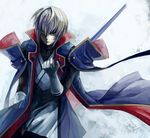  blazblue blonde_hair cape gloves green_eyes jin_kisaragi male_focus oburaato solo sword weapon 