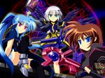  blue_eyes blue_hair book brown_hair cape dark_persona fingerless_gloves gloves hair_ribbon long_hair luciferion lyrical_nanoha mahou_shoujo_lyrical_nanoha mahou_shoujo_lyrical_nanoha_a's mahou_shoujo_lyrical_nanoha_a's_portable:_the_battle_of_aces material-d material-l material-s monhan multicolored_hair multiple_girls red_eyes ribbon short_hair silver_hair staff thighhighs tome_of_the_purple_sky twintails two-tone_hair vulnificus yersiniakreuz 