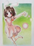  :3 animal_ears bad_id bad_pixiv_id barefoot brown_hair bunny_ears colored_pencil_(medium) dress highres inaba_tewi jewelry looking_at_viewer marker_(medium) millipen_(medium) moco._(artist) necklace outstretched_arm outstretched_hand red_eyes short_hair short_sleeves solo standing standing_on_one_leg touhou traditional_media wide-eyed 
