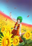  ascot closed_umbrella dutch_angle field fisheye flower flower_field green_hair kazami_yuuka outstretched_arm petals plaid plaid_skirt plaid_vest red_eyes short_hair skirt skirt_set solo sunflower touhou umbrella unmoving_pattern vest weiyinji_xsk 