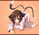 all_fours animal_ears aruu_(memories) bad_id bad_pixiv_id barefoot blush brown_eyes brown_hair cat_ears cat_tail chen downblouse jewelry messy_hair multiple_tails no_hat no_headwear oversized_clothes pajamas shirt single_earring solo tail touhou 