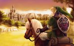  blonde_hair castle earrings epona gloves hat horse jewelry kinoeneko link male_focus master_sword pointy_ears scenery sheath sheathed shield solo straddling sword the_legend_of_zelda the_legend_of_zelda:_twilight_princess weapon 