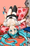  airi_(nodobotokemax) aqua_eyes aqua_hair bad_id bad_pixiv_id bag black_legwear cellphone collarbone frilled_pillow frills hair_ribbon hatsune_miku jewelry long_hair looking_at_viewer loose_thighhigh lying necklace on_back pendant phone pillow pink_background ribbon skirt solo thighhighs twintails upside-down vocaloid wavy_mouth world_is_mine_(vocaloid) zettai_ryouiki 
