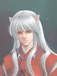  animal_ears inuyasha inuyasha_(character) japanese_clothes jewelry lips long_hair male_focus necklace signature silver_hair slit_pupils solo tokiko_(psychopomp) upper_body wolf_ears yellow_eyes 