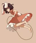  animal_ears bad_id bad_pixiv_id barefoot black_hair bunny_ears bunny_tail dress feet highres inaba_tewi jump_rope jumping looking_back moke_(gaton) o3o red_eyes short_hair solo striped striped_background tail touhou 