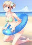  absurdres bad_id bad_pixiv_id bangs bare_arms bare_shoulders barefoot beach bikini blonde_hair blue_eyes breasts collarbone day double_bun eyebrows_visible_through_hair full_body highres horizon innertube iwahata_takiyo kneeling looking_at_viewer medium_breasts ocean original outdoors short_hair solo swimsuit water 