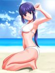  arm_up armpits barefoot beach bikini blue_eyes blue_hair bow cloud from_side kneeling long_hair ocean ponytail ribbon sand shopyun shore sky smile solo sun swimsuit tachibana_emi tokimeki_memorial tokimeki_memorial_3 white_bikini white_bow white_ribbon 