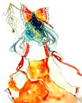  back bad_id bad_pixiv_id gohei hair_ribbon hakurei_reimu oonusa ribbon sakuma solo touhou traditional_media watercolor_(medium) yin_yang 