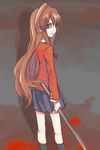  aharan aisaka_taiga angry bad_id bad_pixiv_id bokken brown_hair long_hair looking_back red_eyes school_uniform solo sword toradora! weapon wooden_sword 