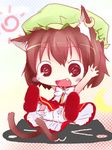  animal_ears bloomers brown_hair cat_ears cat_tail chen chibi fang grin moon multiple_tails shichinose short_hair sitting smile solo sun tail touhou underwear waving 