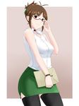  akizuki_ritsuko alternate_hairstyle antenna_hair bare_shoulders black_legwear breasts brown_eyes brown_hair choker envelope folded_ponytail glasses highres idolmaster idolmaster_(classic) jewelry large_breasts ring sleeveless solo tengu_(tetuo_kun) thighhighs zettai_ryouiki 