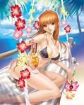  bad_id bad_pixiv_id barefoot bikini brown_eyes brown_hair curvy cushion dead_or_alive drink fingernails flower hibiscus kasumi_(doa) long_hair lying maeda_hiroyuki on_side patio_swing side-tie_bikini smile solo swimsuit swing tropical_drink 