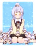  angel_beats! blazer blush chibi clone food hand_sonic jacket long_hair mapo_doufu minigirl multiple_girls open_mouth paprika_(artist) ribbon school_uniform silver_hair sitting skirt tenshi_(angel_beats!) wariza yellow_eyes 