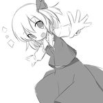  1girl dutch_angle fang greyscale hair_ribbon miko_machi monochrome outstretched_arms ribbon rumia sketch solo spread_arms touhou 