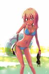  bikini blonde_hair breasts damu_ningen hair_ribbon highres innertube legs medium_breasts navel original red_eyes ribbon sandals side-tie_bikini side_ponytail solo swimsuit visor_cap 