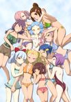 arm_hug ass bikini blonde_hair blue_eyes blue_hair blush_stickers breasts brown_eyes brown_hair butt_crack casual_one-piece_swimsuit character_request cleavage closed_eyes double_bun drill_hair frilled_swimsuit frills green_eyes grin groin hair_bun halterneck hand_to_own_mouth hazekura_utsuki highres holding_hands inazuma_eleven inazuma_eleven_(series) interlocked_fingers koto_tsumugi long_hair maron_(quintet_colors) medium_breasts midriff multiple_girls navel one-piece_swimsuit one_eye_closed orange_eyes pink_hair polka_dot polka_dot_swimsuit purple_hair red_eyes short_hair side-tie_bikini small_breasts smelling smile swimsuit tankini thigh_gap twintails v 