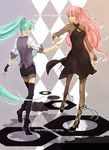  dress green_eyes hatsune_miku long_hair megurine_luka multiple_girls pantyhose pink_hair ponytail thighhighs tolute very_long_hair vocaloid world's_end_dancehall_(vocaloid) 