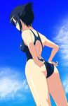  adjusting_clothes adjusting_swimsuit ass back black_hair blue blue_eyes breasts character_request cloud competition_swimsuit day from_below hair_bun highres medium_breasts morisawa_haruyuki one-piece_swimsuit sky solo soukyuu_no_karma swimsuit 