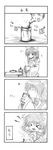  &gt;_&lt; 4koma bad_id bad_pixiv_id cat's_tongue closed_eyes comic cup drinking eighth_note greyscale hair_tubes hakurei_reimu heart highres kettle monochrome mug musical_note pouring short_hair silent_comic sora_no_amagumo tongue touhou translated 